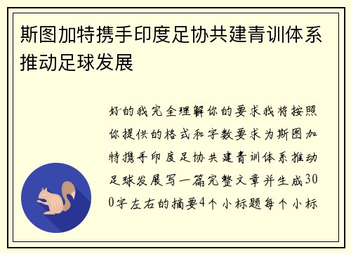 斯图加特携手印度足协共建青训体系推动足球发展
